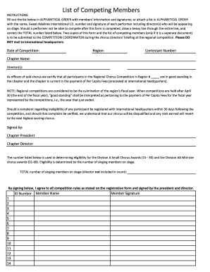 Sweet Adelines Competition Member List Form