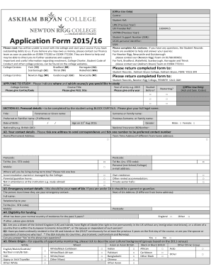 UK College Application Form 2015/16