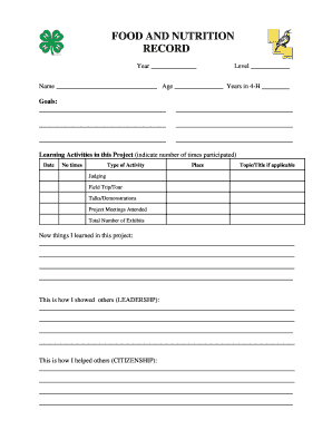 4-H Food and Nutrition Record
