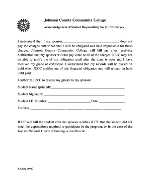 Acknowledgement of Student Responsibility for JCCC Charges
