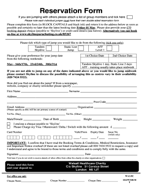 Skyline Parachuting Reservation Form
