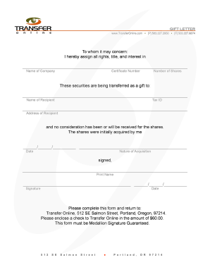 Gift Letter for Stock Transfer