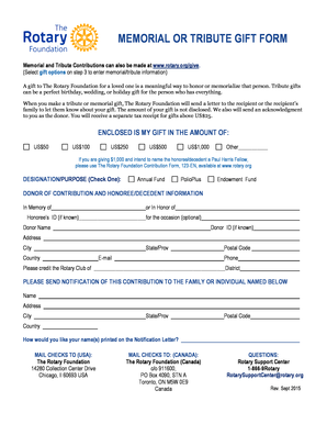 Rotary Foundation Memorial Tribute Gift Form