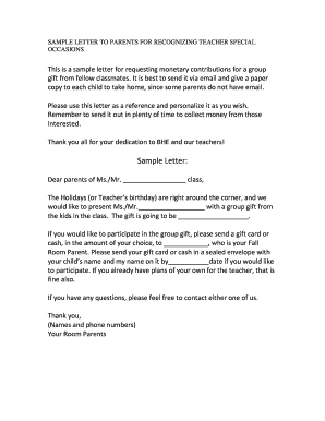 Sample Letter to Parents for Teacher Gift