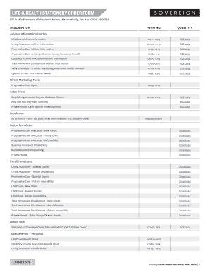 Sovereign Life & Health Stationery Order Form