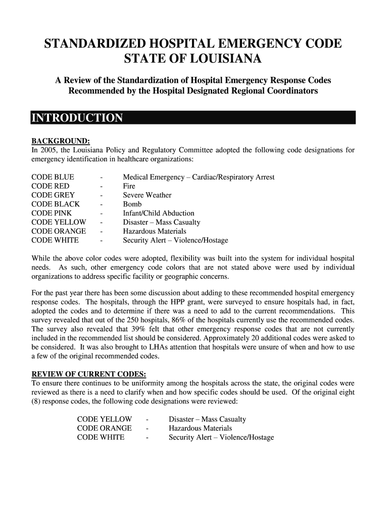 Fillable Online STANDARDIZED HOSPITAL EMERGENCY CODE Fax Email Print