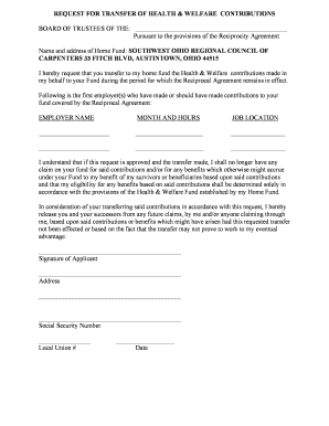 Request for Transfer of Health & Welfare Contributions