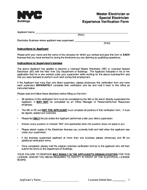 New York City Master Electrician Experience Verification Form