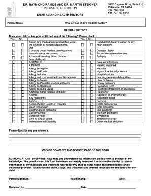Pediatric Dental and Health History Form