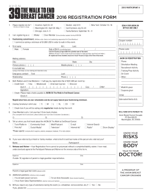 Avon 39 The Walk to End Breast Cancer Registration Form
