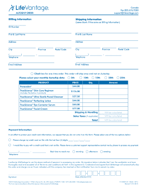 LifeVantage Autoship Order Form