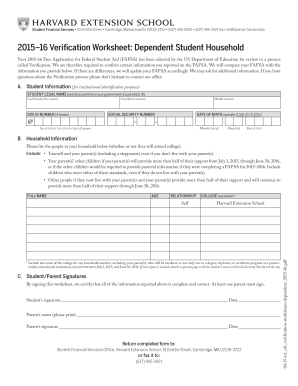 2015–16 Verification Worksheet: Dependent Student Household