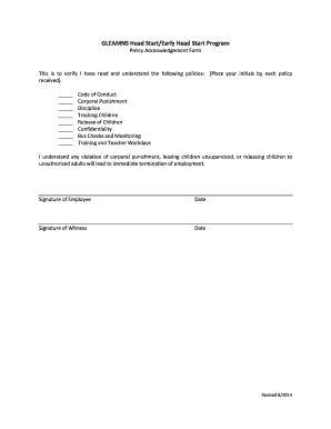 Head Start Policy Acknowledgement Form