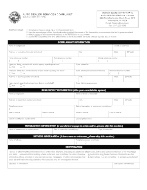 Indiana Auto Dealer Services Complaint Form