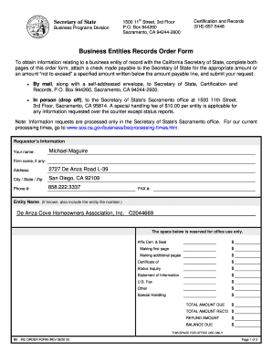 California Business Entities Records Order Form
