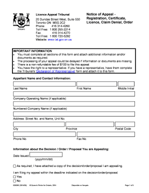Licence Appeal Tribunal Notice of Appeal