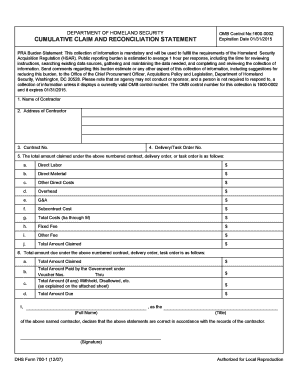 Cumulative Claim and Reconciliation Statement