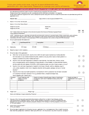 Certificate of Insurability for Minor Life