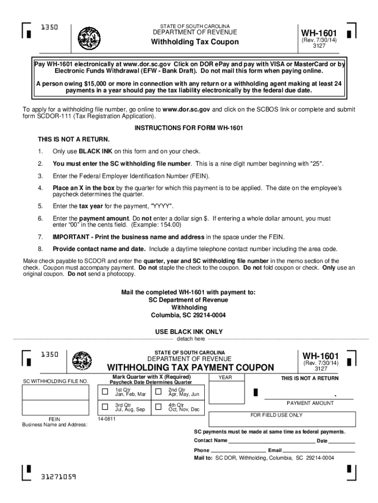 WH-1601 SC Withholding Tax Payment Preview on Page 1