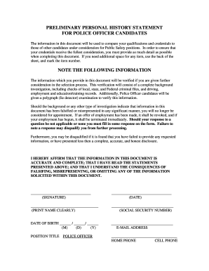 Preliminary Personal History Statement for Police Officer Candidates