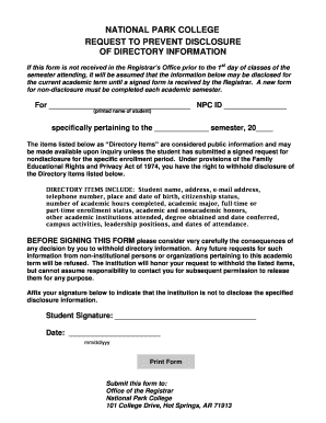 National Park College Request to Prevent Disclosure of Directory Information