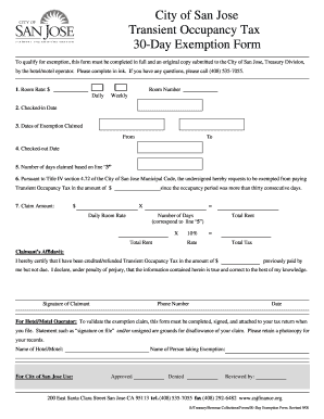 City of San Jose Transient Occupancy Tax 30-Day Exemption Form