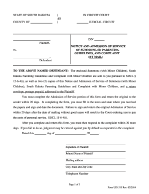 South Dakota Notice and Admission of Service of Summons