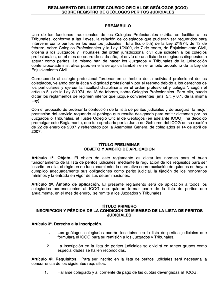 REGLAMENTO DEL ILUSTRE COLEGIO OFICIAL DE GELOGOS ICOG Vista previa en la página 1