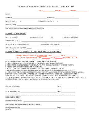 HERITAGE VILLAGE CLUBHOUSE RENTAL APPLICATION - hvmca