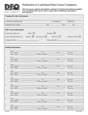 Notification of Lead-based Paint Course Completion