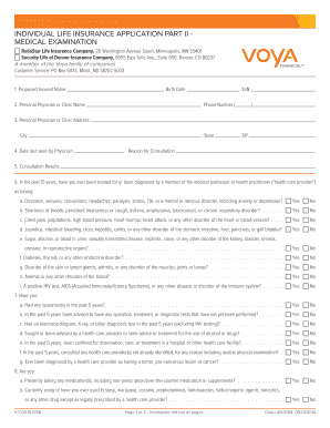 Individual Life Insurance Application Part II - Medical Examination