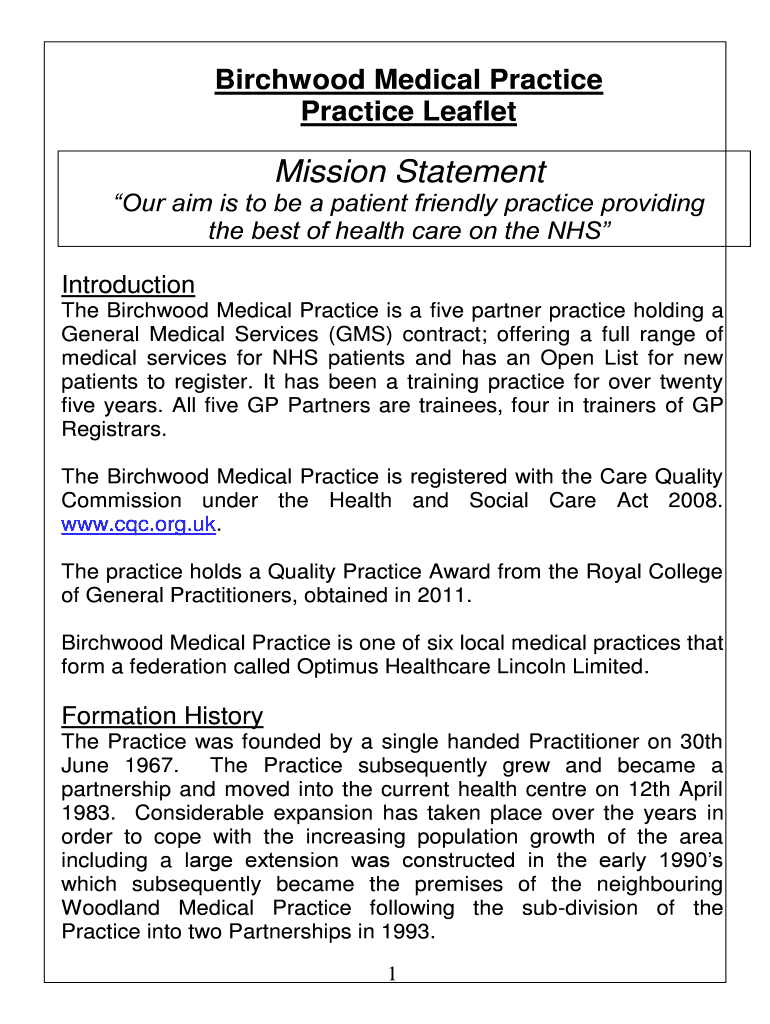 Fillable Online Birchwood Medical Practice Jasmin Road Lincoln LN6 0QQ