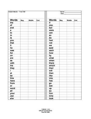 Instant Words First 100 Worksheet