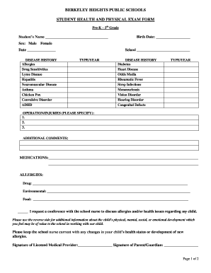 Student Health and Physical Exam Form
