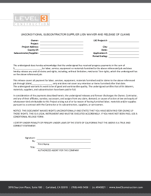 Unconditional Subcontractor Lien Waiver and Release of Claims