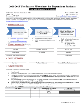2014-2015 Verification Worksheet for Dependent Students