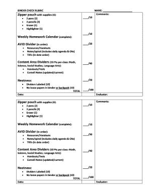 Binder Check Rubric