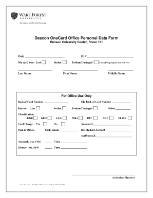 Deacon OneCard Office Personal Data Form