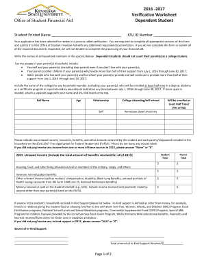 2016-2017 Verification Worksheet Dependent Student