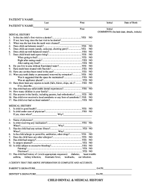 Child Dental and Medical History Form