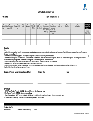 AVIVA Code Creation Form