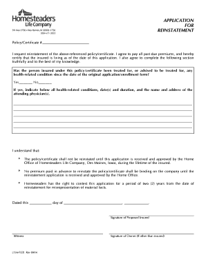 Application for Reinstatement of Life Insurance Policy