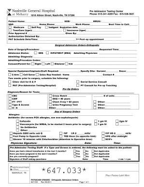 Orthopedic Pre-Admission Testing Form