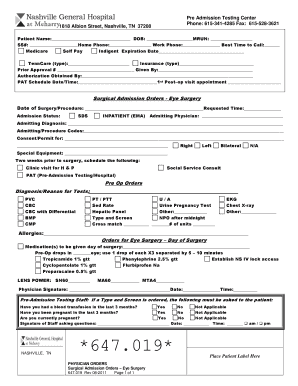 Pre-Admission Testing Form for Eye Surgery
