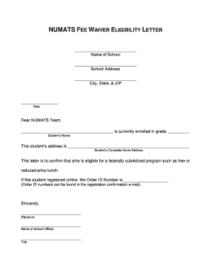 NUMATS Fee Waiver Eligibility Letter