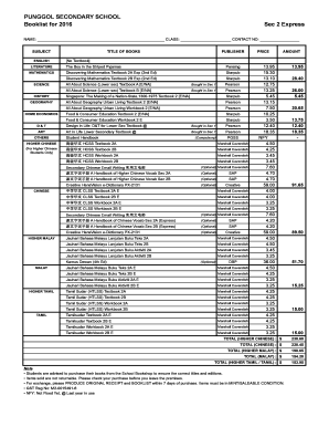 Punggol Secondary School Booklist and Stationery Form