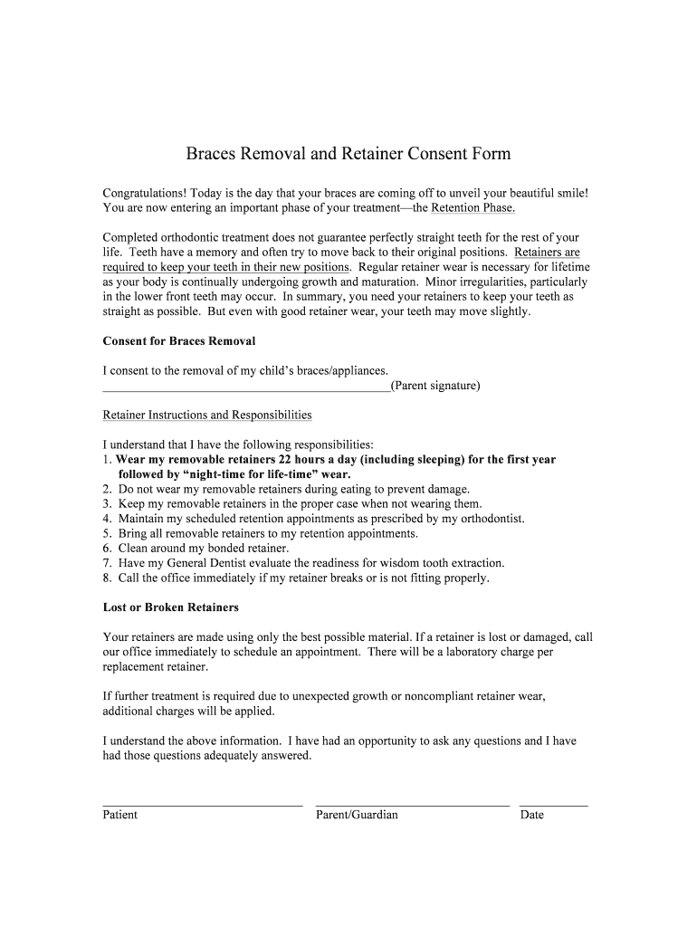 Fillable Online Consent Braces Removal and Retainer Simi Valley Fax Email Print pdfFiller