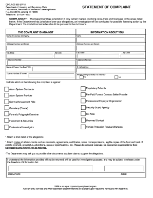 Michigan Statement of Complaint