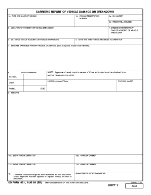 Carrier's Report of Vehicle Damage or Breakdown