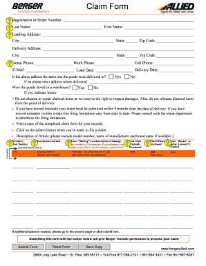 Berger Allied Moving Claim Form